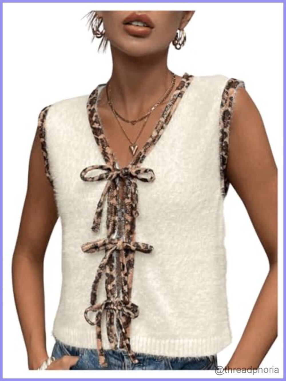 Women's Sleeveless Leopard Sweater Vest Tie Front Knit Cardigan